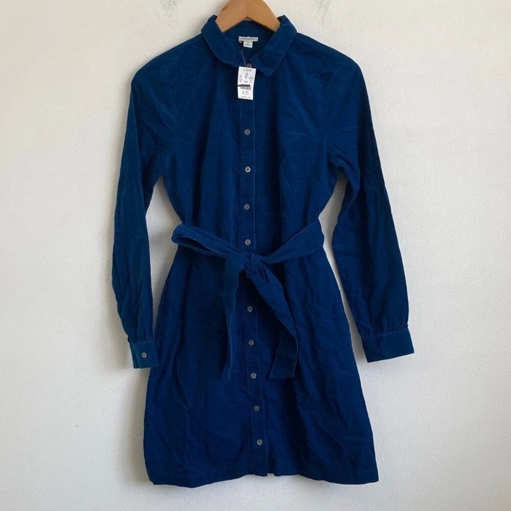 J. Crew Vibrant Blue Long Sleeve Button Down Corduroy Shirt Dress 10 NWT - Picture 2 of 5
